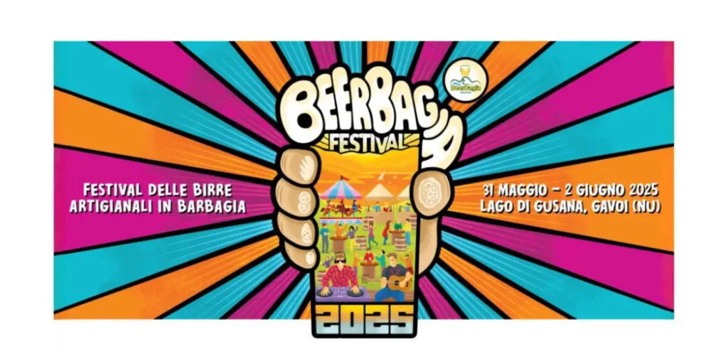 Grafica BeerBagia 2025 a Gavoi, festival della birra artigianale sul lago di Gusana