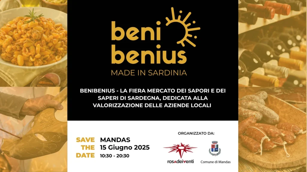 Logo Beni Benius con scritta data 15 giugno 2025– Mandas, fiera mercato dei sapori e saperi sardi