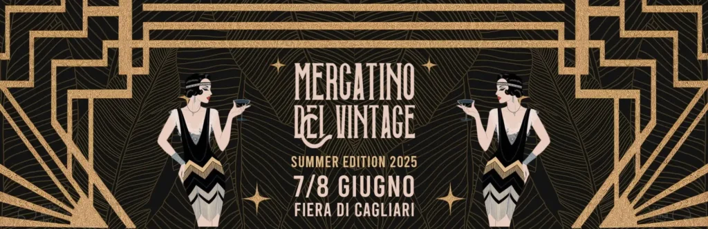 Locandina del Mercatino del Vintage Cagliari 2025 – Summer Edition, con date 7 e 8 giugno, presso la Fiera di Cagliari, Padiglione I.