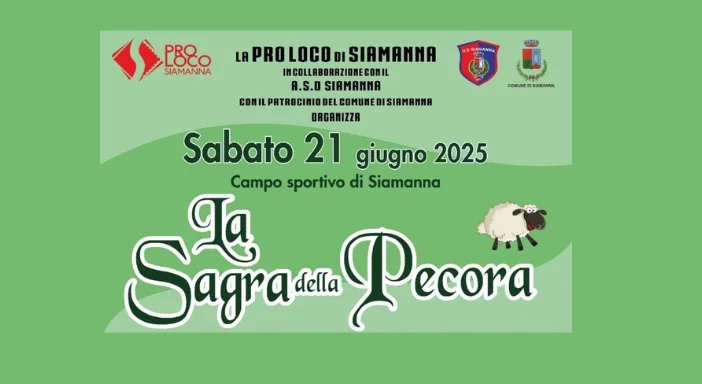Locandina ufficiale della Sagra della Pecora a Siamanna 2025 con programma, partner e dettagli dell’evento