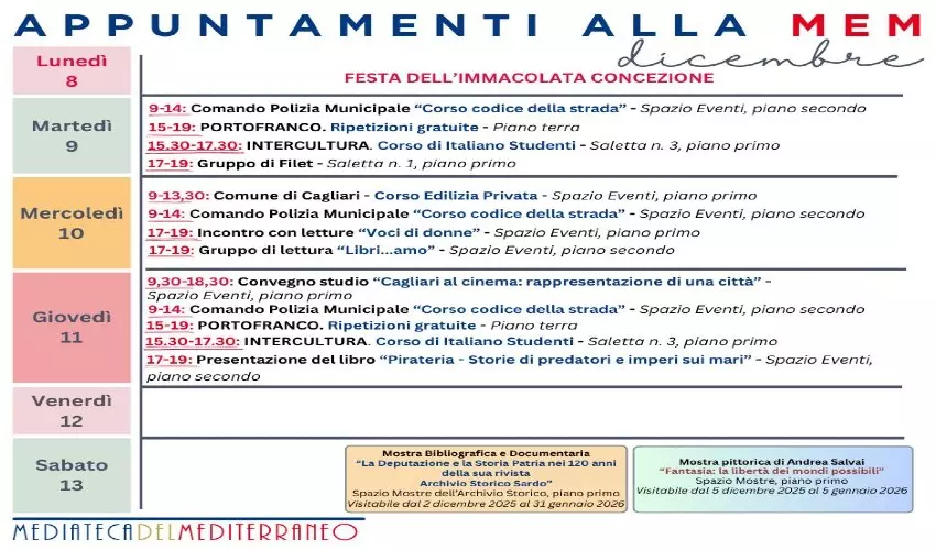 Mem Cagliari - Appuntamenti della prossima settimana