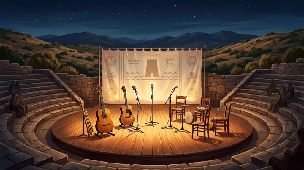Illustrazione editoriale di un palcoscenico teatrale illuminato con strumenti musicali acustici